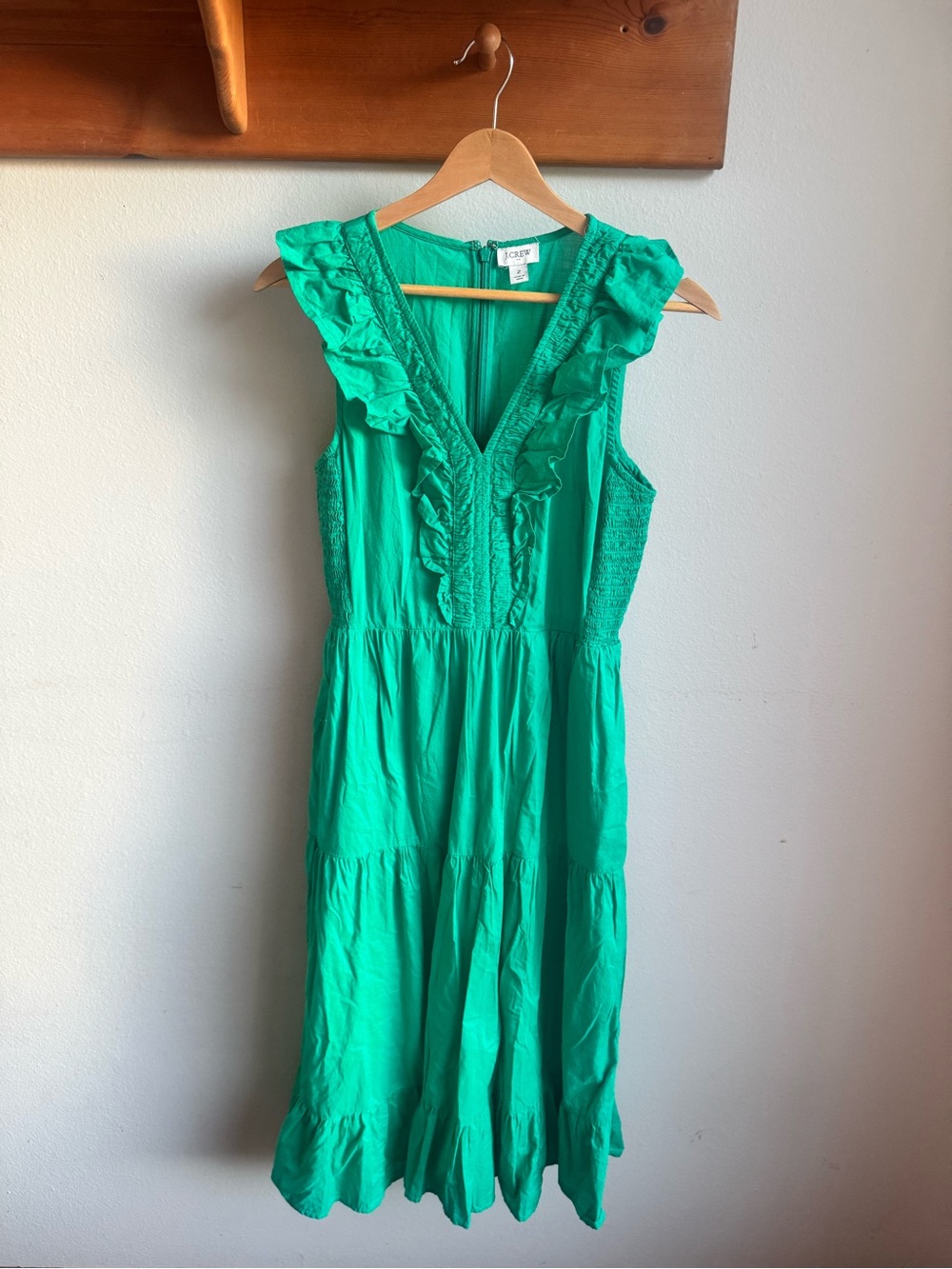 J. Crew Emerald Green Ruffle V‑Neck Midi Dress